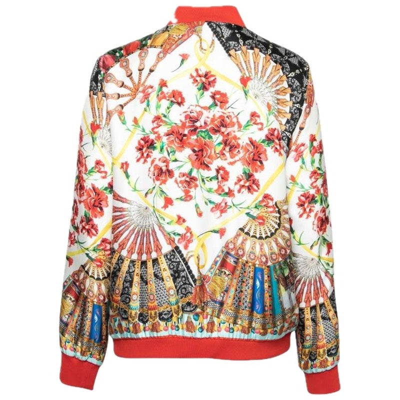 NWT Dolce & Gabbana Cream Red Printed Silk Bomber Jacket Multi IT 38 US XS