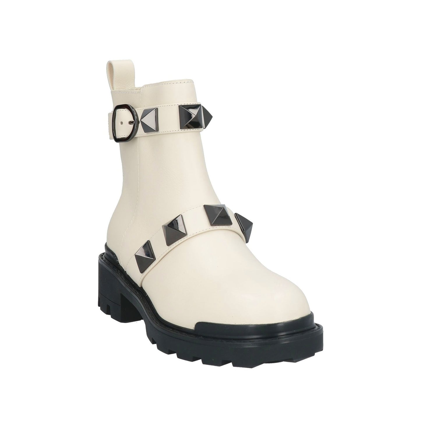 Valentino Garavani Roman Stud Ankle Boots in Calfskin Ivory Black 36