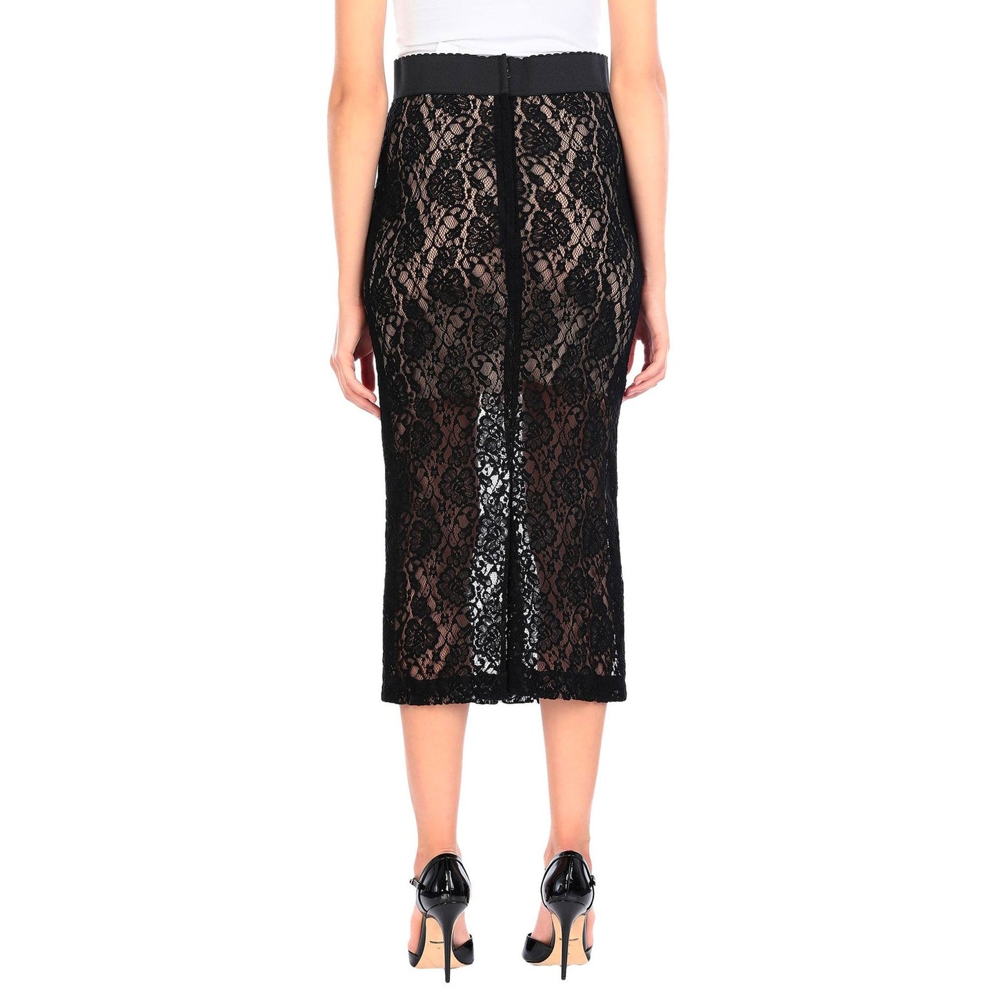 NWT Dolce & Gabbana Black Sheer Lace Midi Pencil Skirt IT 36 US XXS