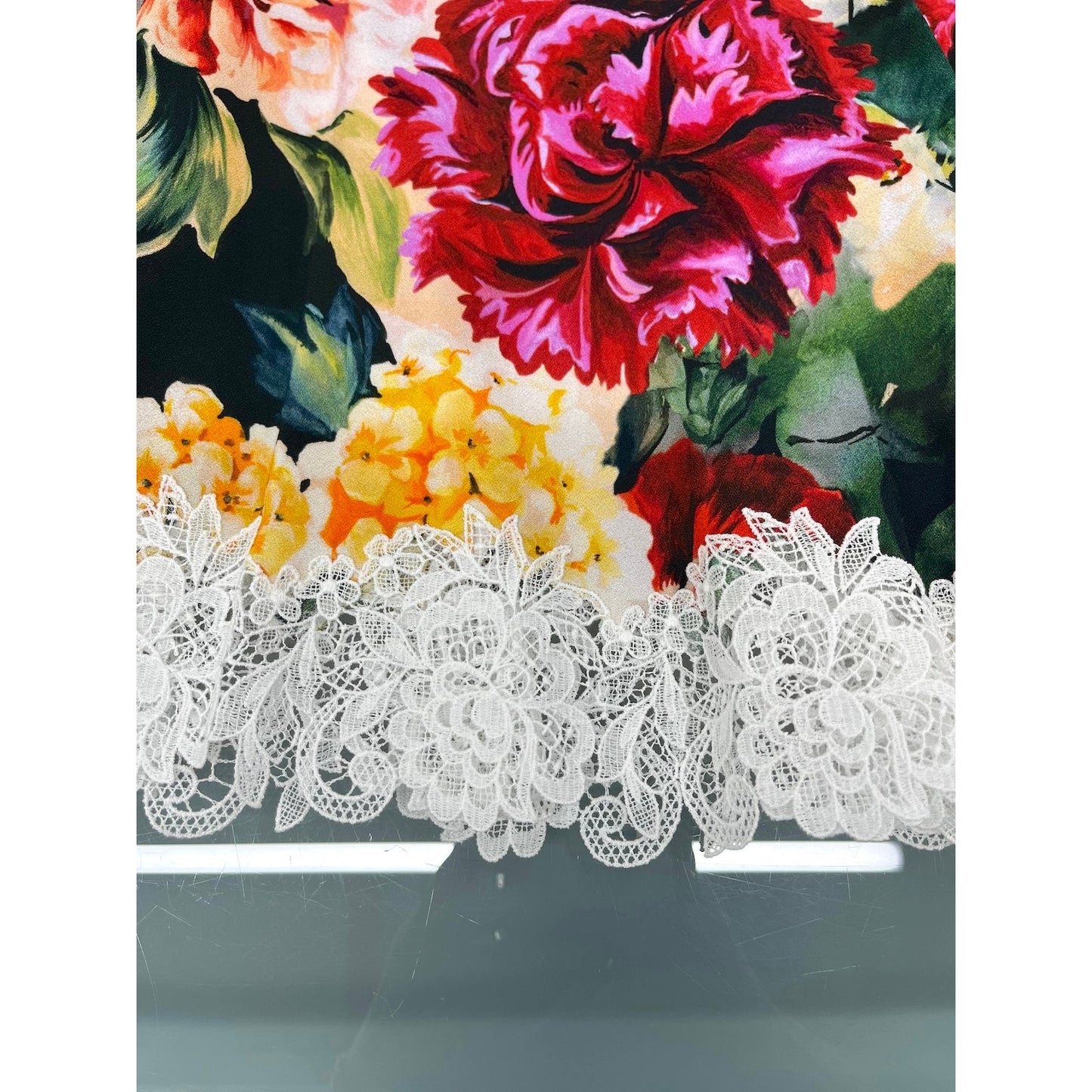 NWT Dolce & Gabbana Lace Trimmed Floral Crepe Mini Dress Multi IT 40 / S