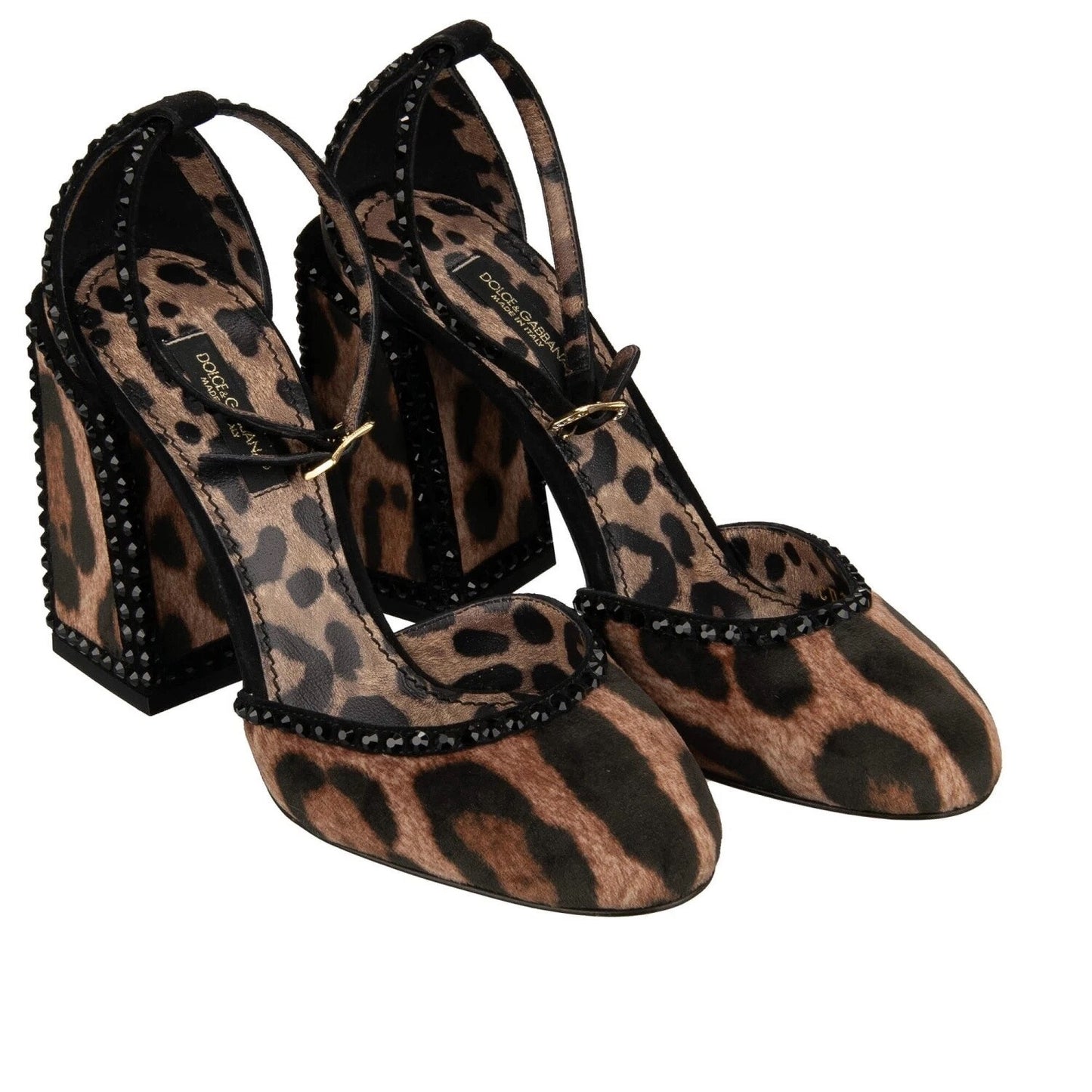 Dolce & Gabbana Leopard Crystal Velvet Ankle Strap Pumps Black Brown