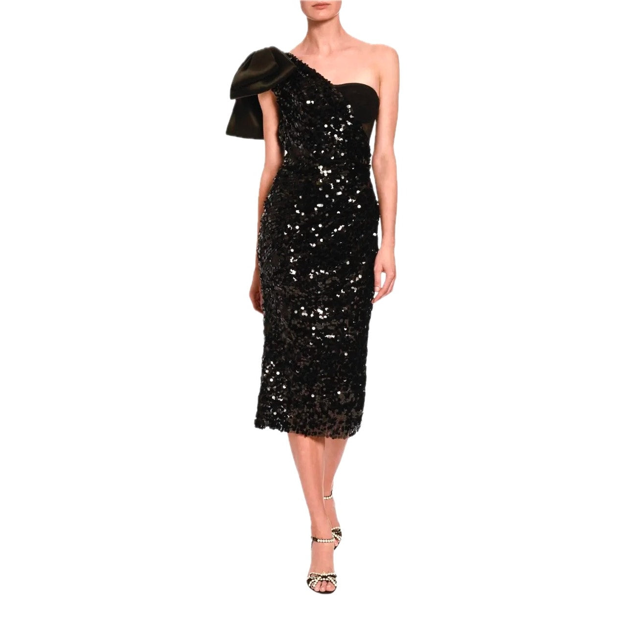 NWT Dolce & Gabbana Black Sequin One Shoulder Midi Cocktail Dress 42 M