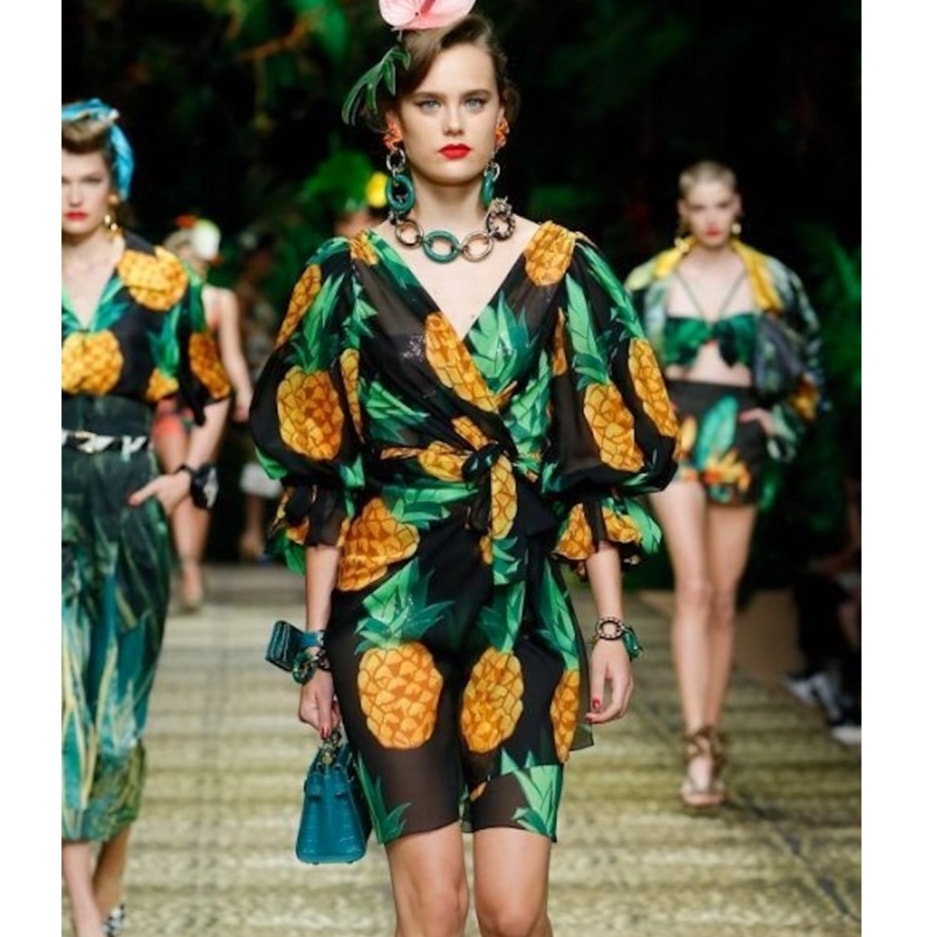 Dolce & Gabbana Runway Pineapple Wrap Silk Mini Dress Multicolor IT 40 S