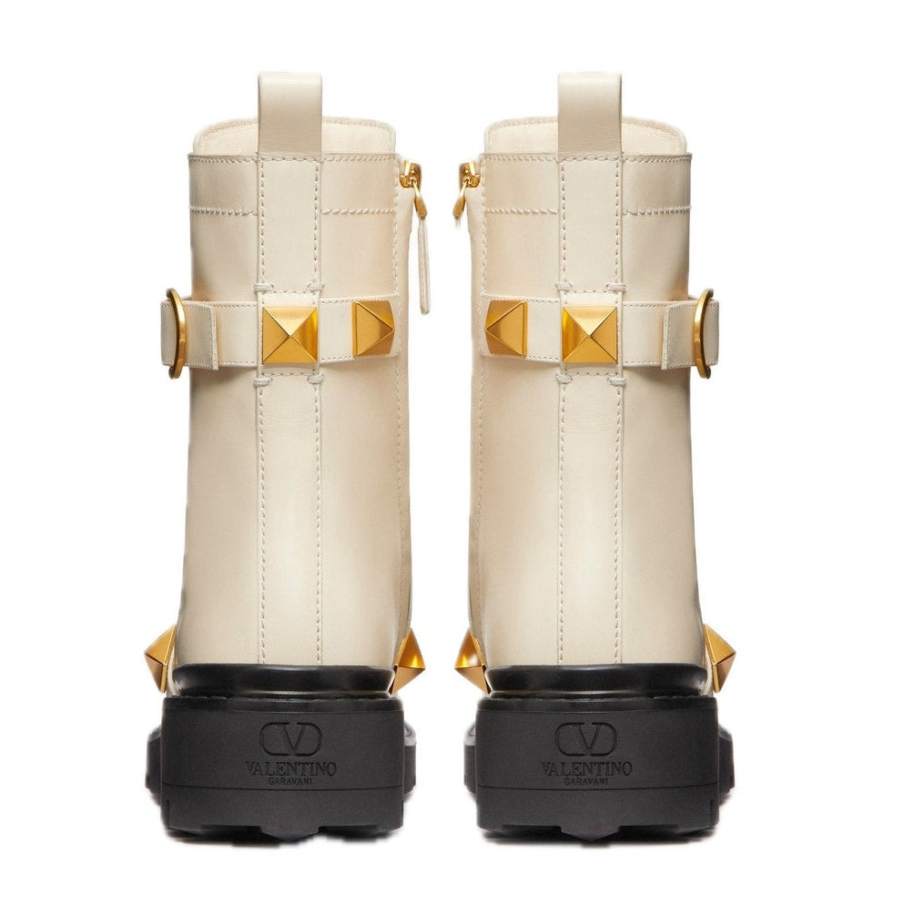 Valentino Garavani Roman Stud Ankle Boots in Calfskin 120mm Ivory Gold 36