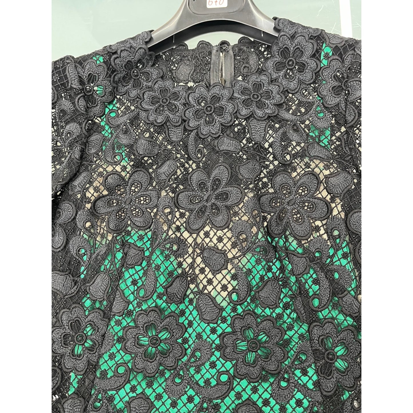 Dolce & Gabbana Black Green Long-Sleeve Lace Dress Contrast Slip