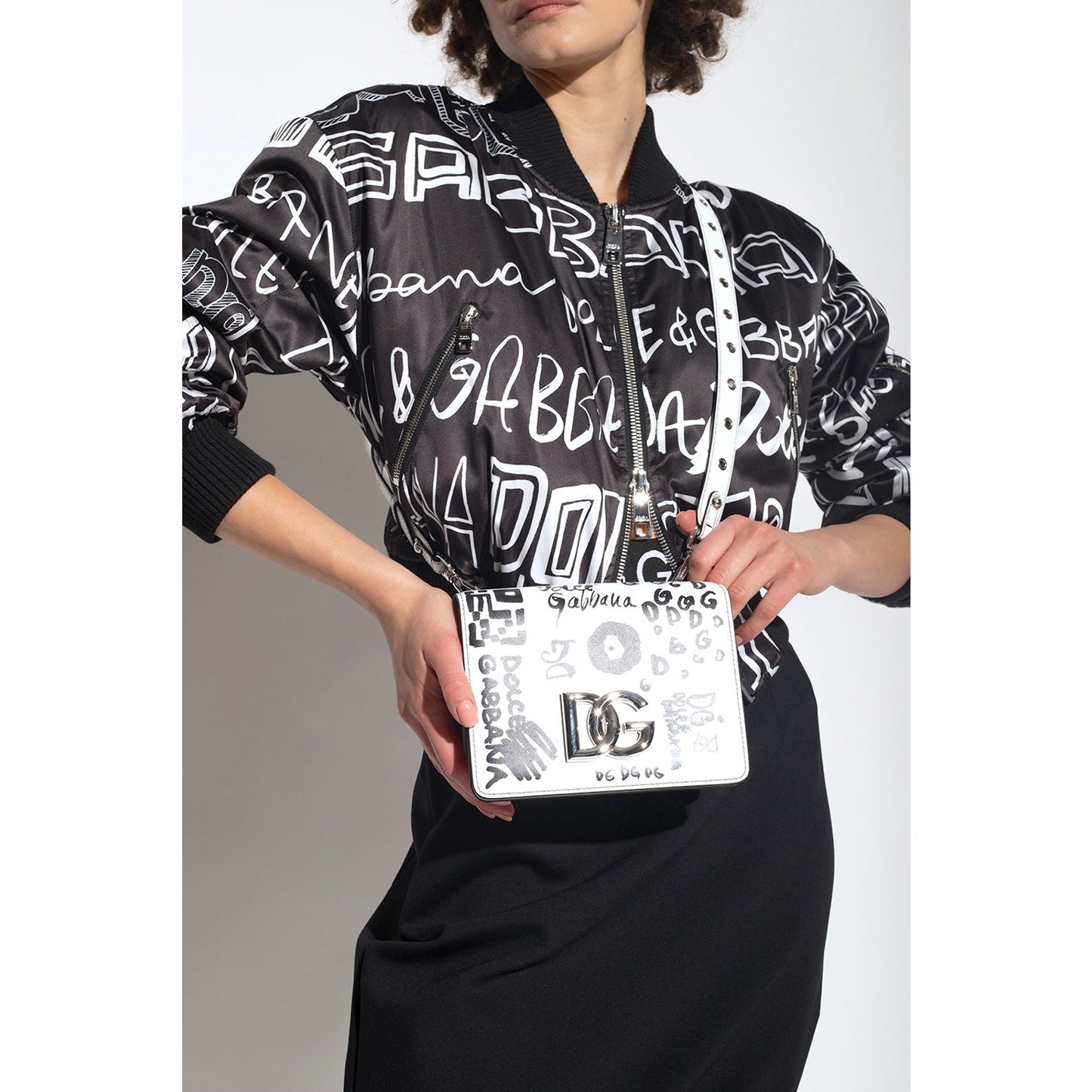 NWT Dolce & Gabbana Black White Logo Print Zip up Bomber Jacket IT 38 US XS