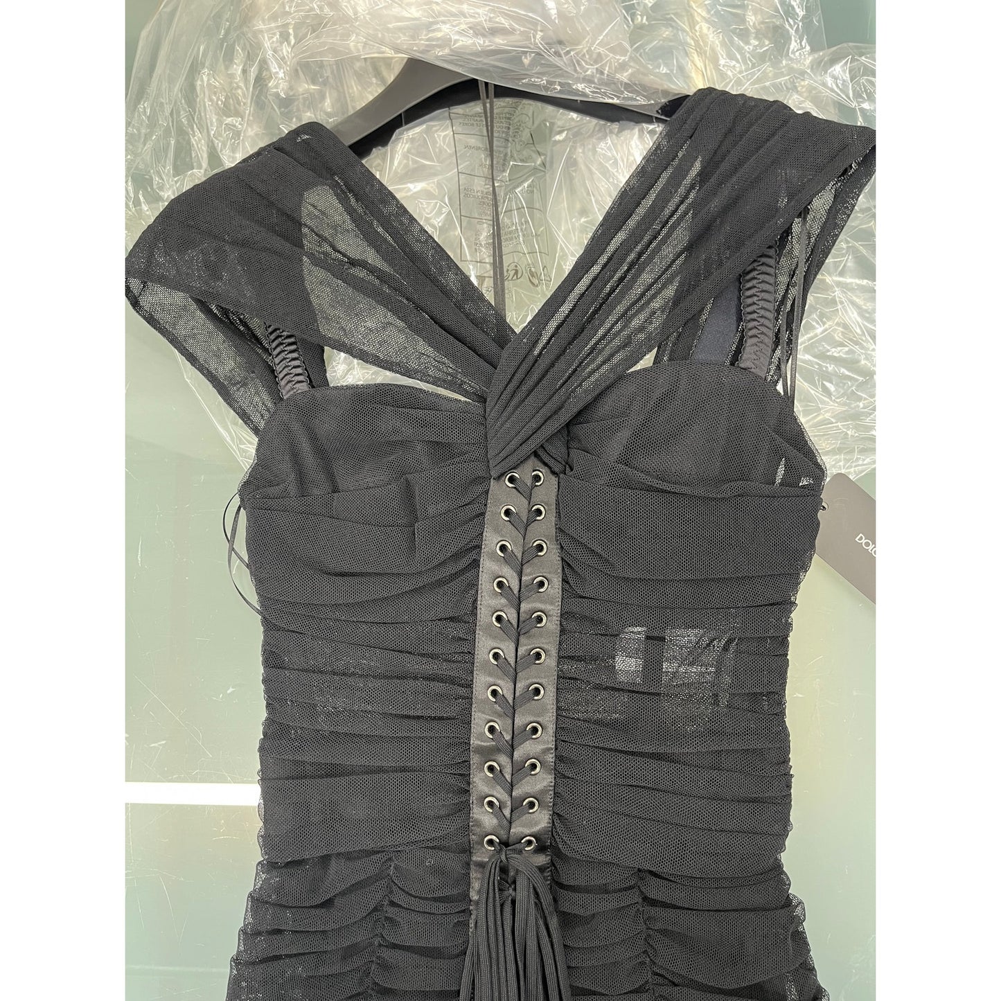 NWT Dolce & Gabbana Black lace-up corset midi Tulle Ruched Bustier Dress 40 S