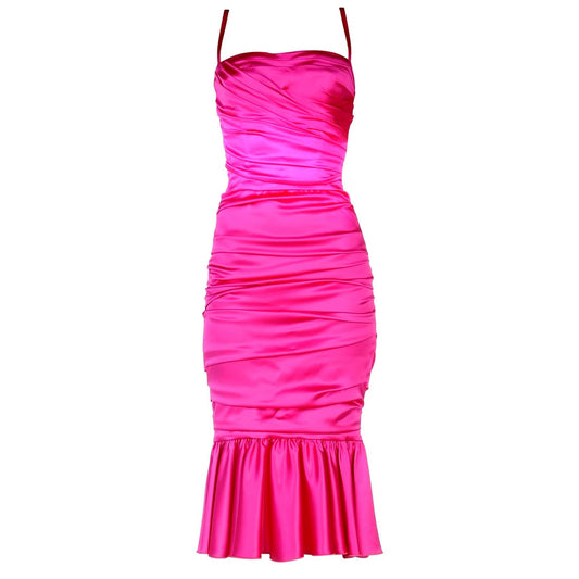 NWT Dolce & Gabbana Pink Ruched Stretch-Silk Satin Midi Dress 42 M