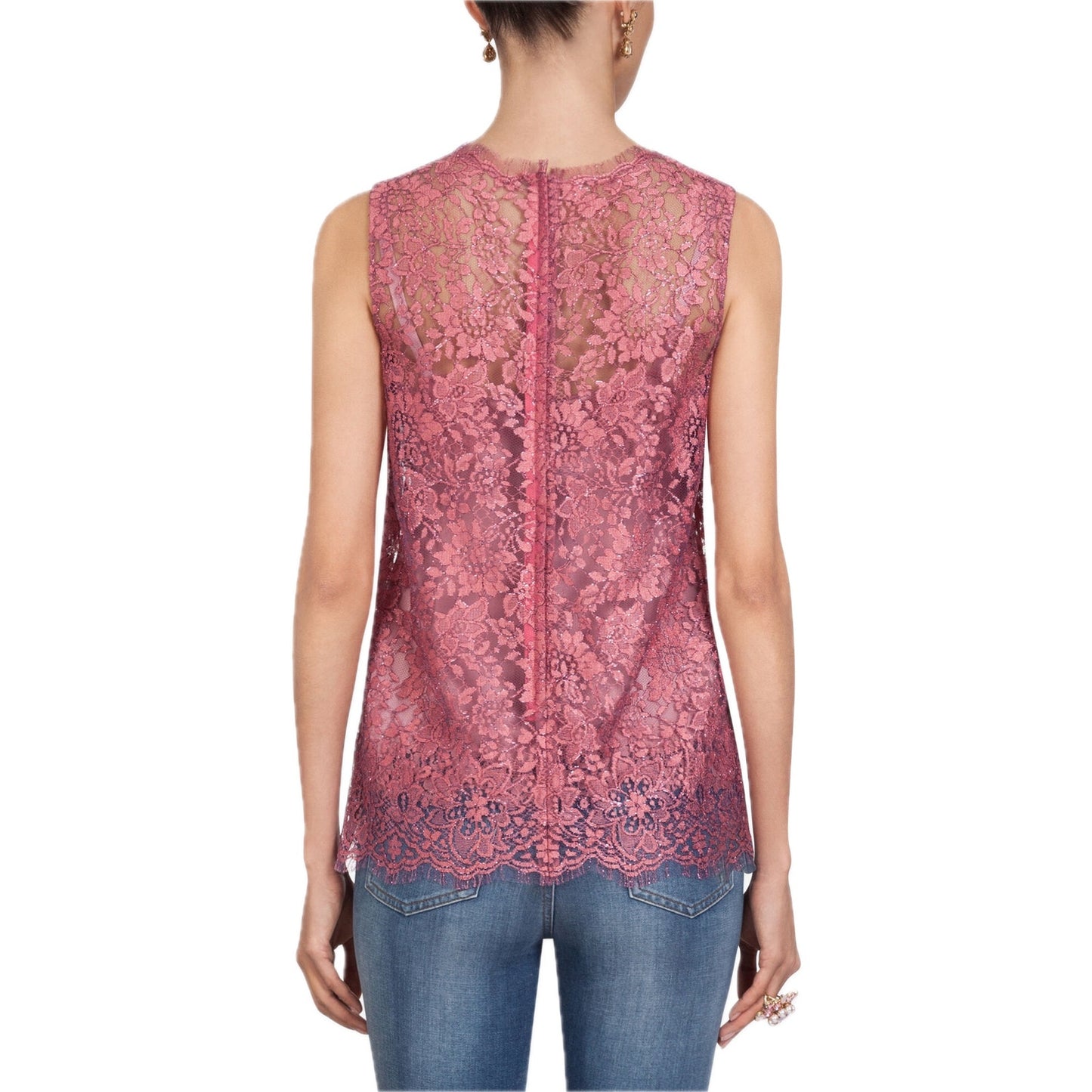 NWT Dolce & Gabbana Pink Chantilly Lame Lace Sleeveless Tank Top Blouse IT 40 S