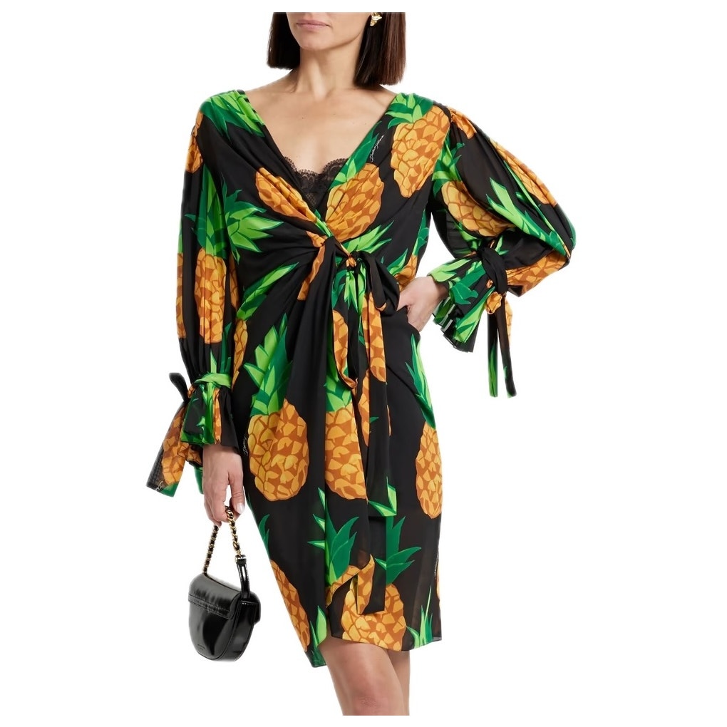 Dolce & Gabbana Runway Pineapple Wrap Silk Mini Dress Multicolor IT 40 S