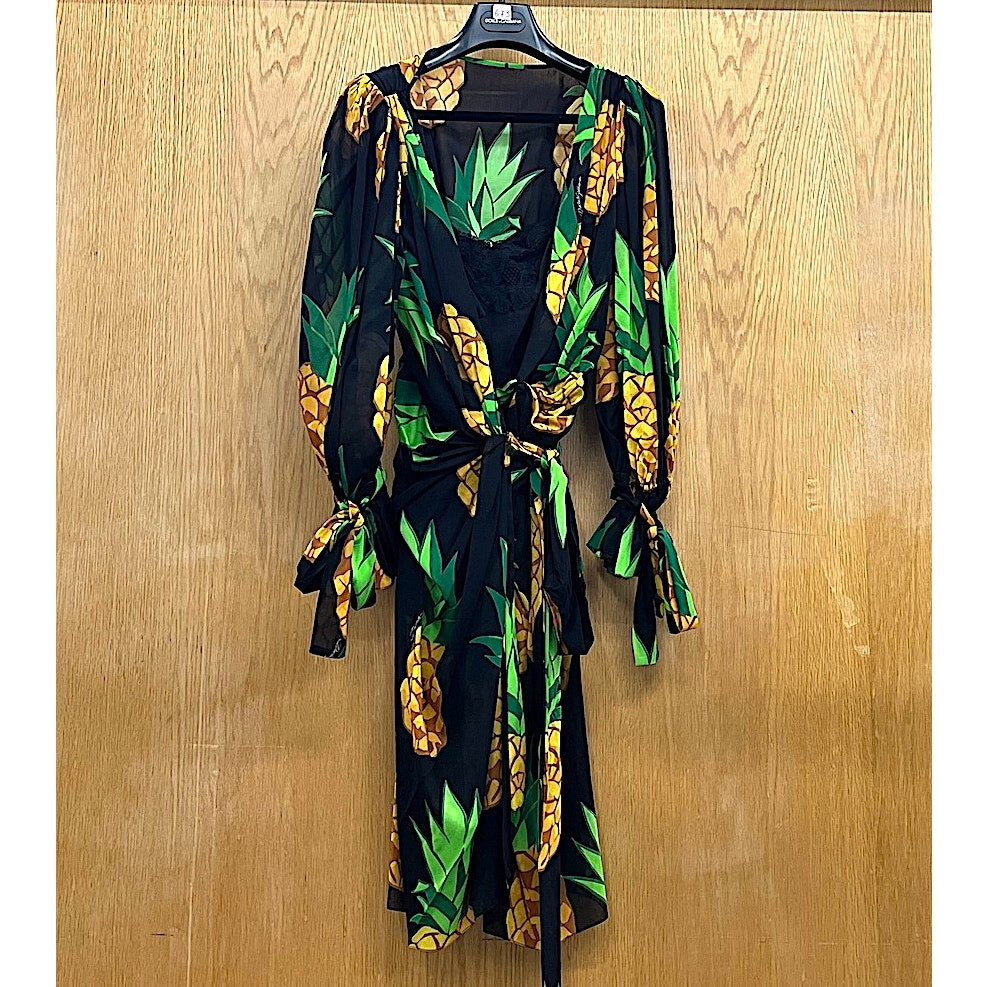 Dolce & Gabbana Runway Pineapple Wrap Silk Mini Dress Multicolor IT 40 S