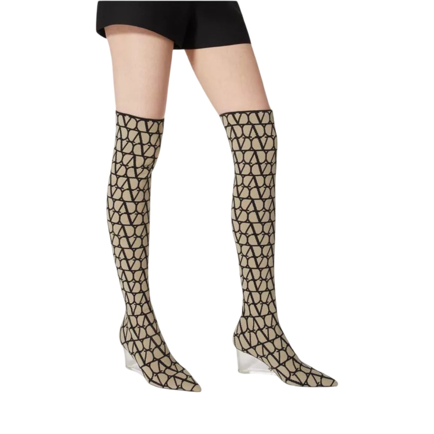 Valentino Garavani Iconographe Stretch Knit Over The Knee Boots Beige Black
