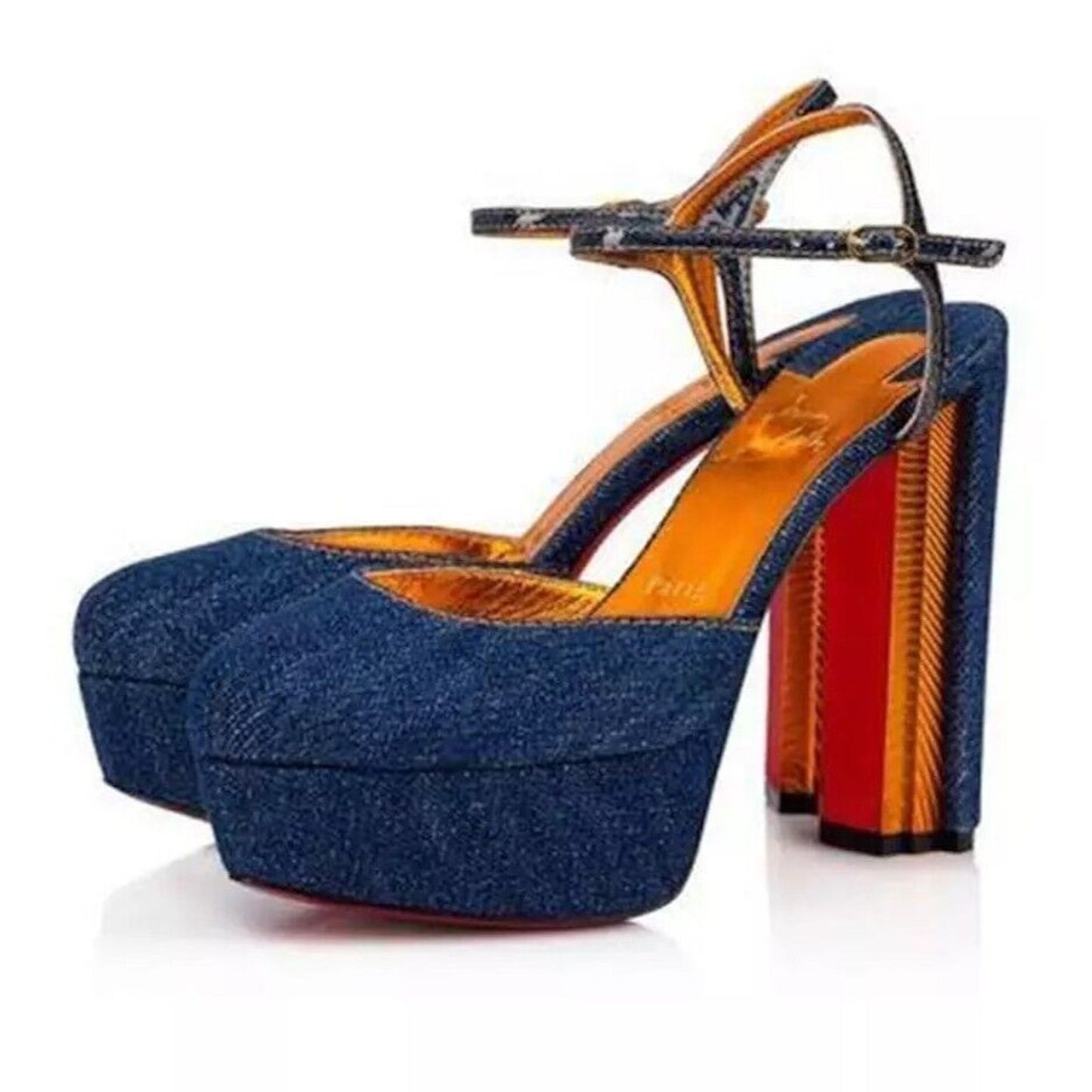 CHRISTIAN LOUBOUTIN Coluna 130 Denim Platform Mary Jane Pumps Blue