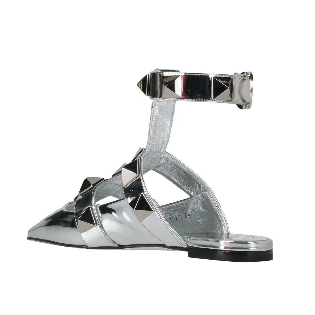 Valentino Garavani Silver Roman Stud Ballerina Flat Ankle Strap 36.5