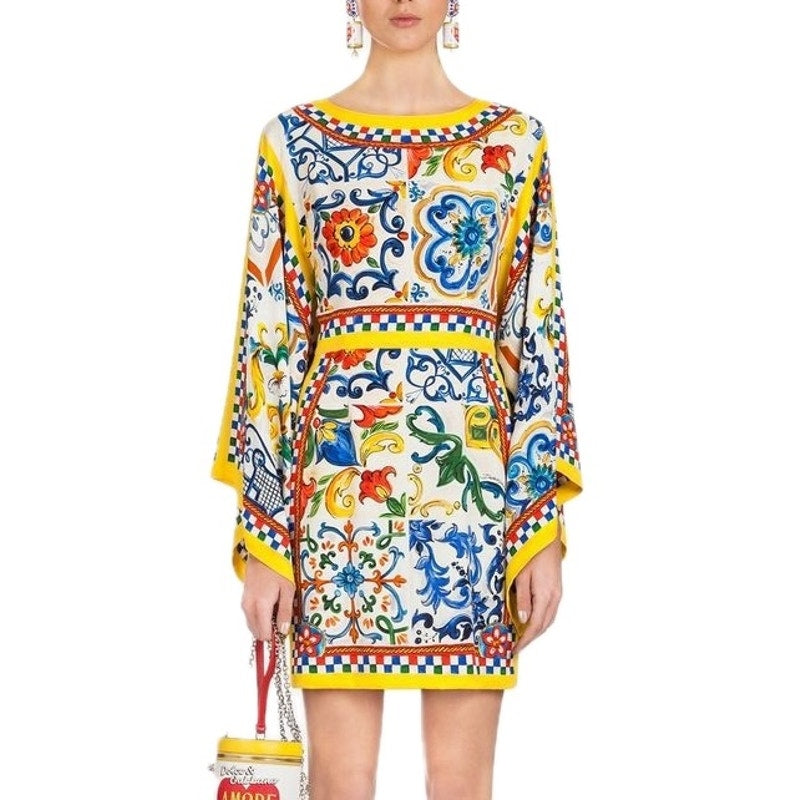 NWT Dolce & Gabbana White Yellow Majolica print Silk Charmeuse Dress IT 40 S