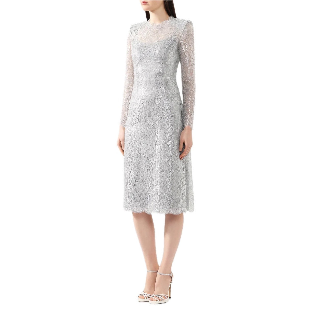 NWT DOLCE & GABBANA Cordonetto Lace Midi Dress Long Sleeves Silver 40 S