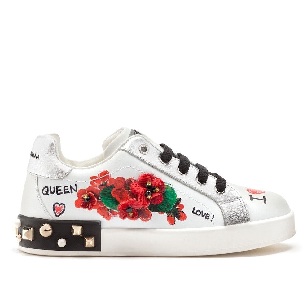 Dolce & Gabbana Portofino Leather Sneakers Geranium studs