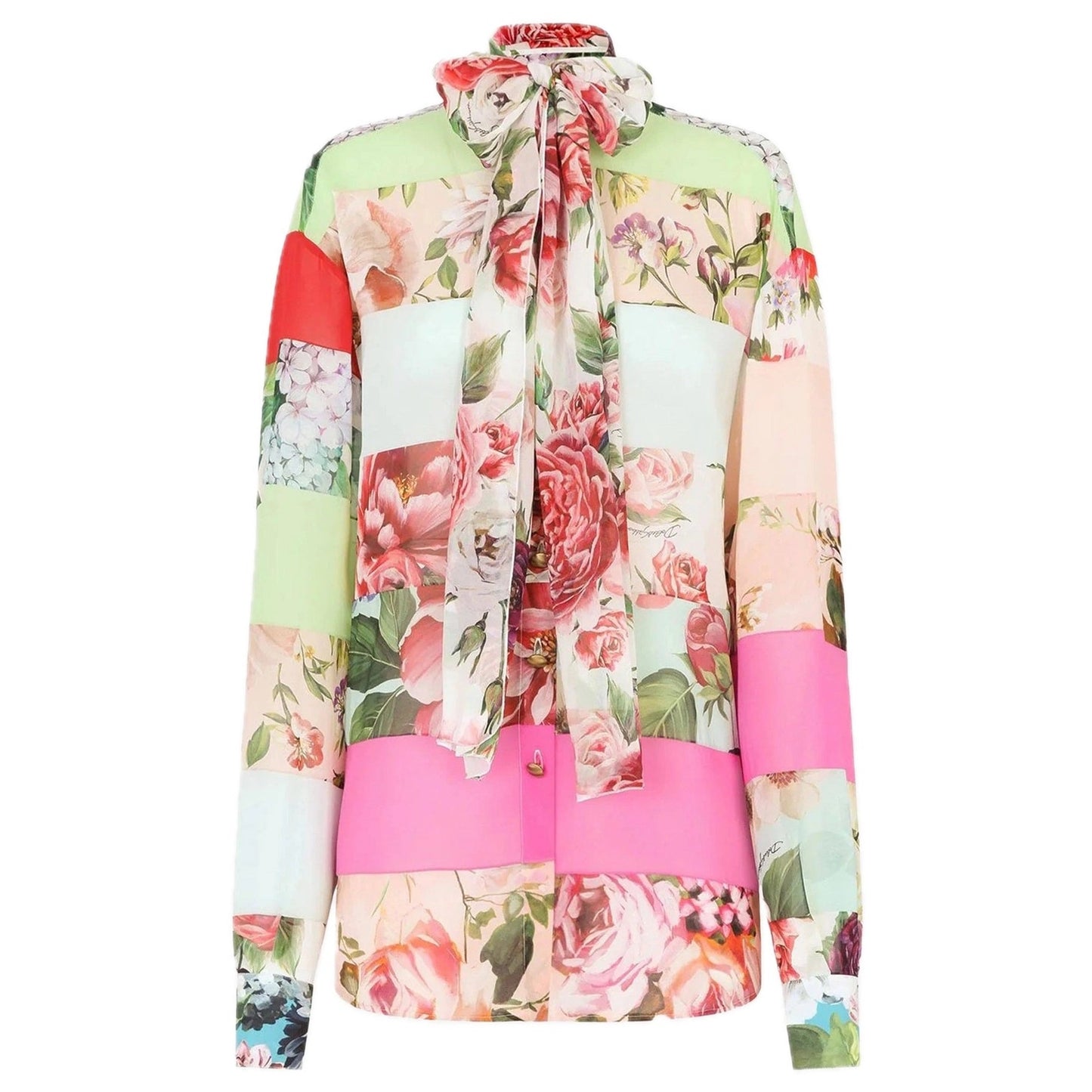 NWT Dolce & Gabbana Floral Patchwork Blouse Tie Collar Silk Shirt Pink IT 38 XS