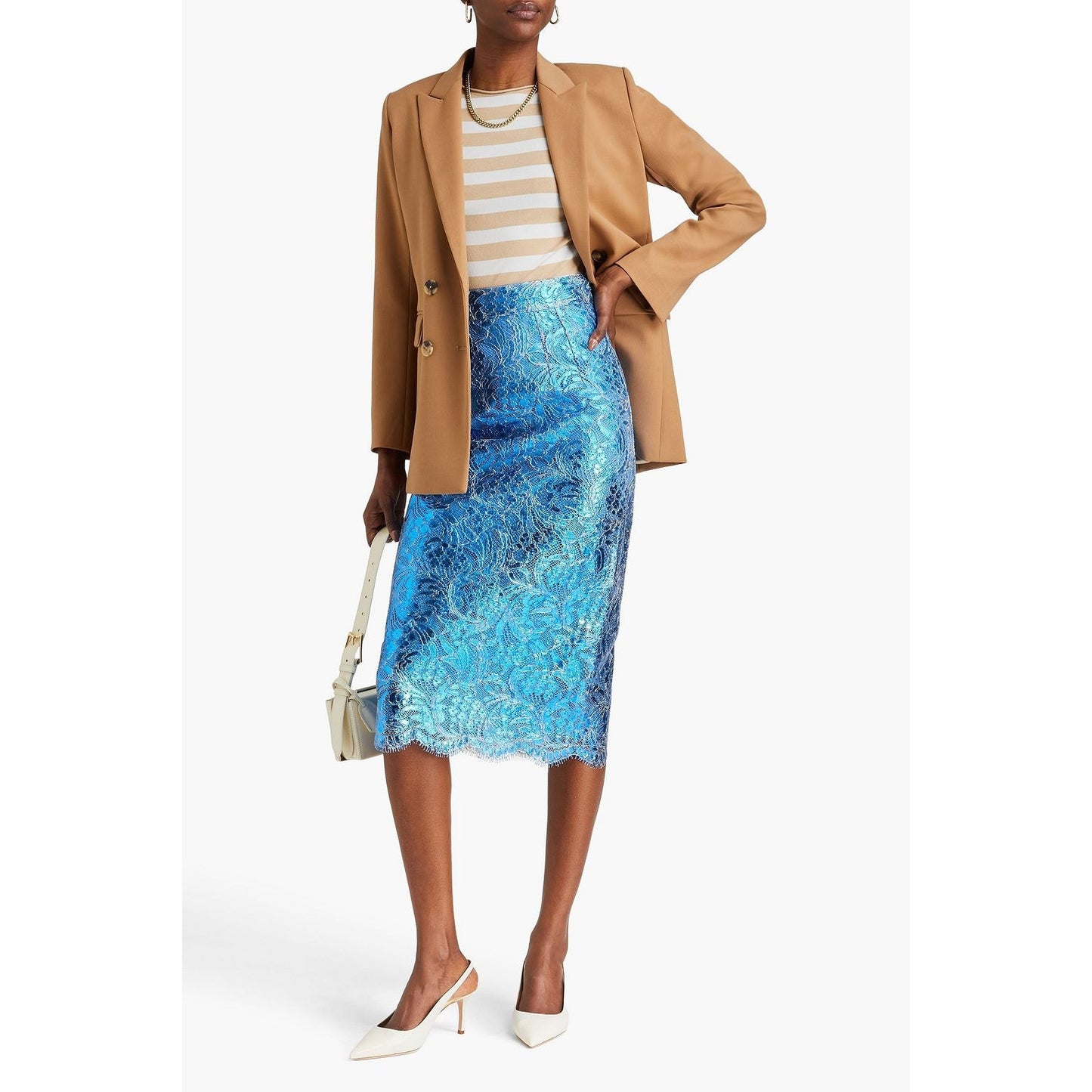 NWT Dolce & Gabbana Blue Metallic Coated Lace Pencil Skirt IT 38 US XS