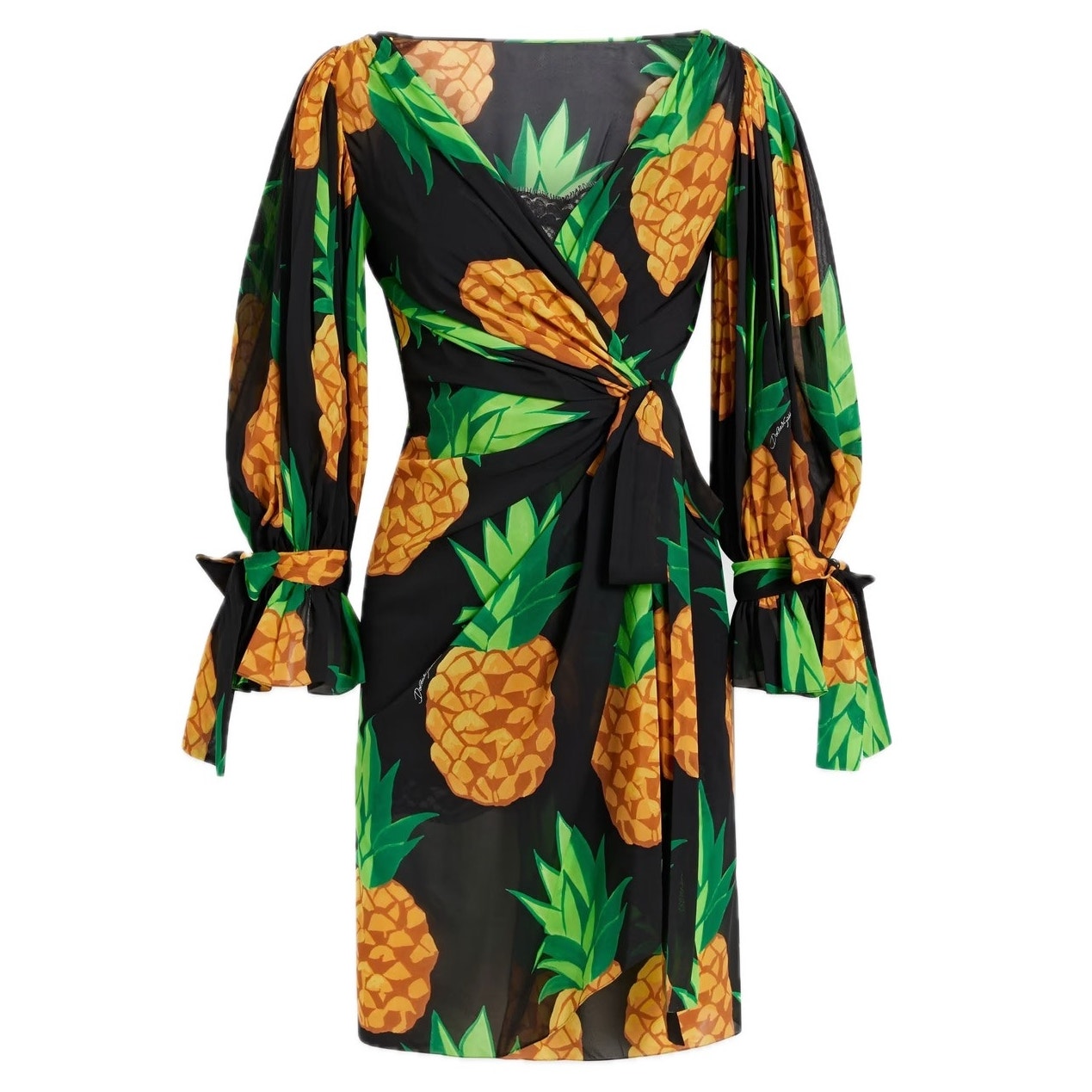 Dolce & Gabbana Runway Pineapple Wrap Silk Mini Dress Multicolor IT 40 S