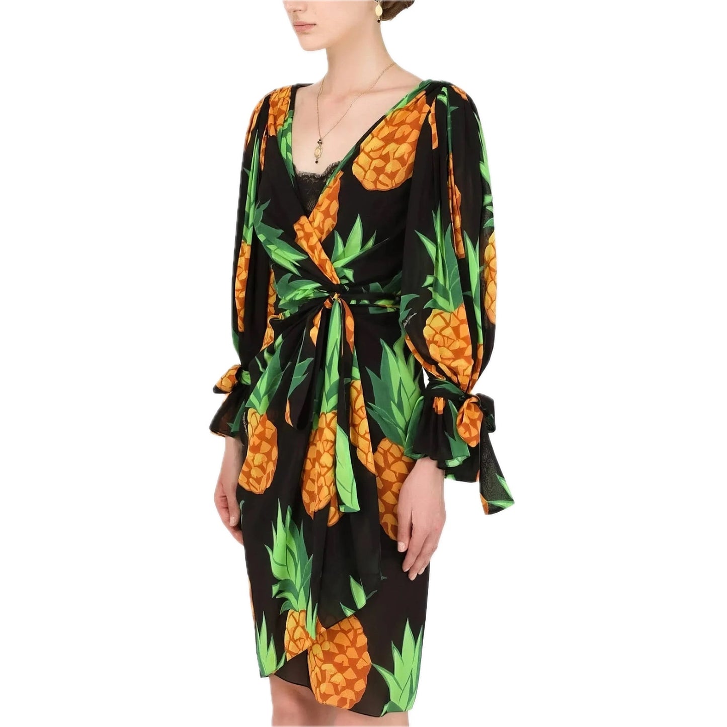 Dolce & Gabbana Runway Pineapple Wrap Silk Mini Dress Multicolor IT 40 S