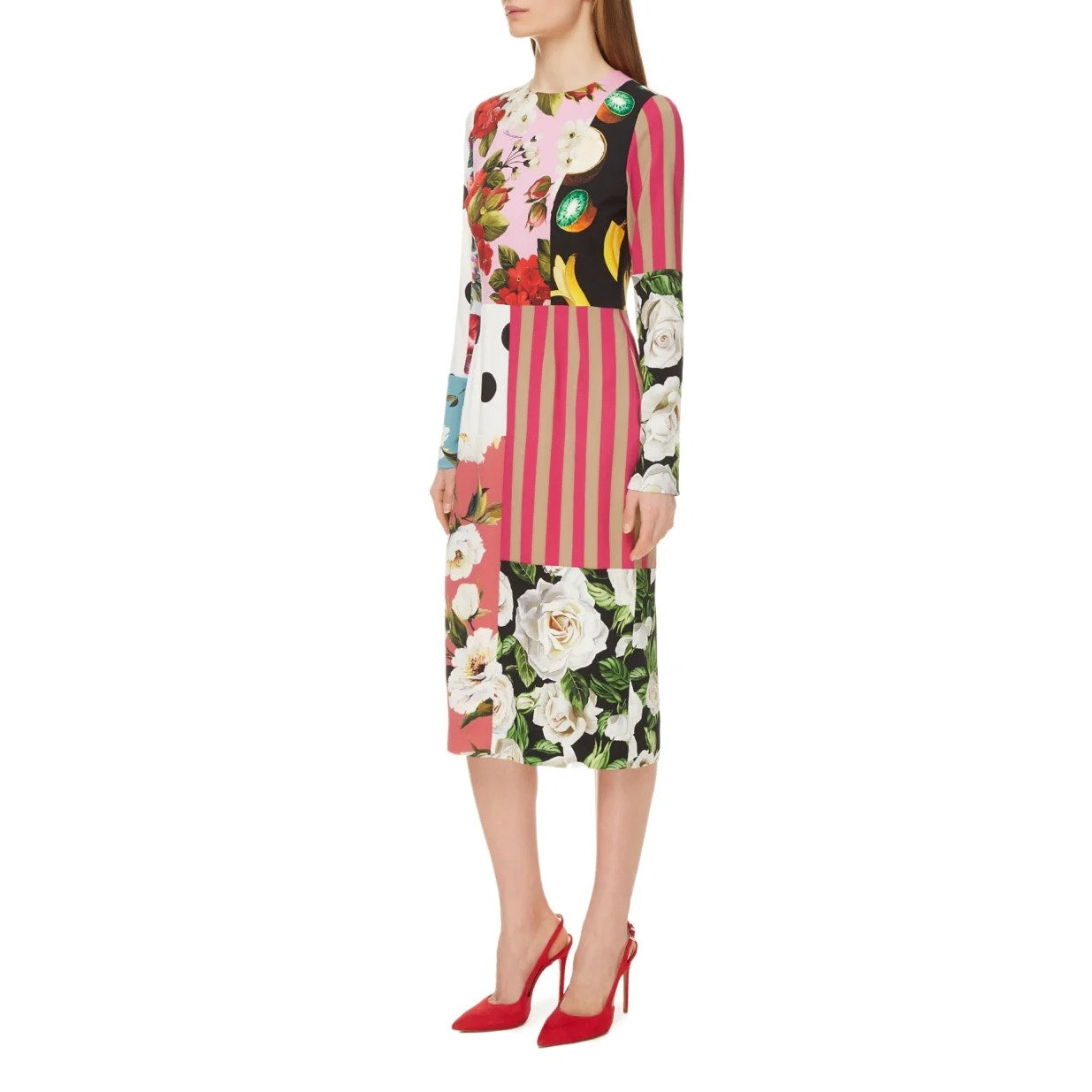 NWT Dolce & Gabbana Runway Multicolor Patchwork Long Sleeve Midi Dress IT 40 S