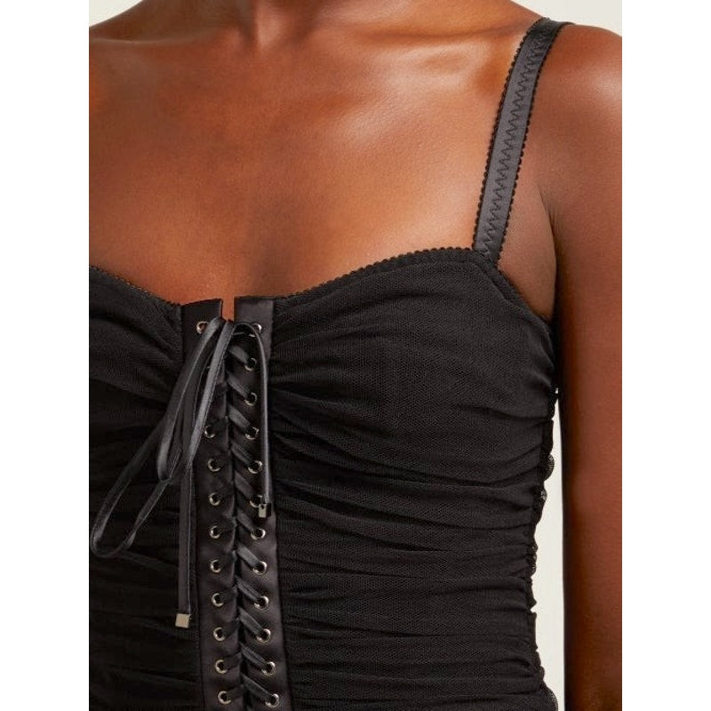 DOLCE & GABBANA Black Ruched Tulle Lace-Up Corset Dress Mini 42 M