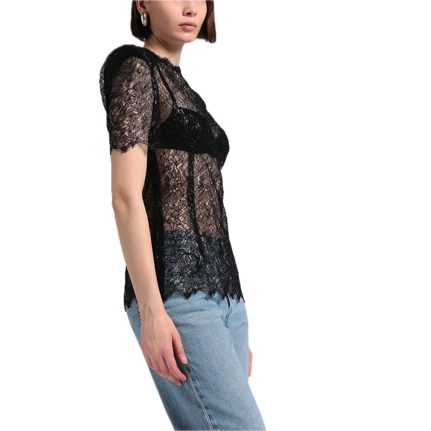 Dolce & Gabbana Black Short sleeve Lame Lace Top Blouse