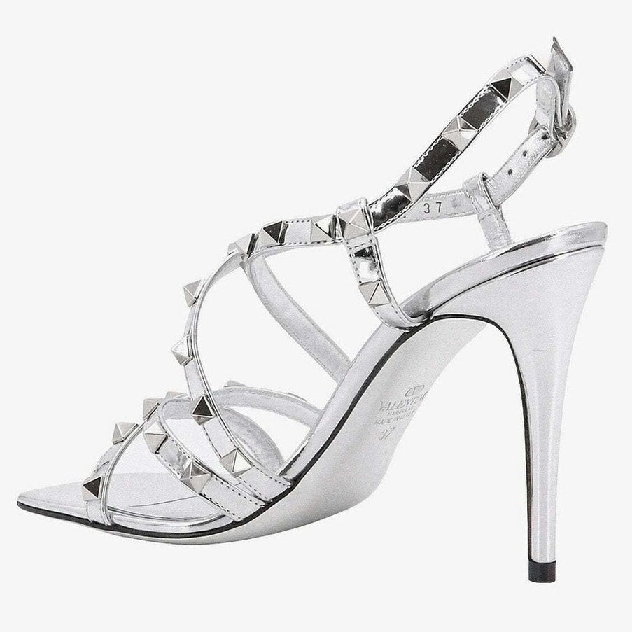 NIB Valentino Garavani Silver 100 Rockstud Mirrored Strappy Sandals 36