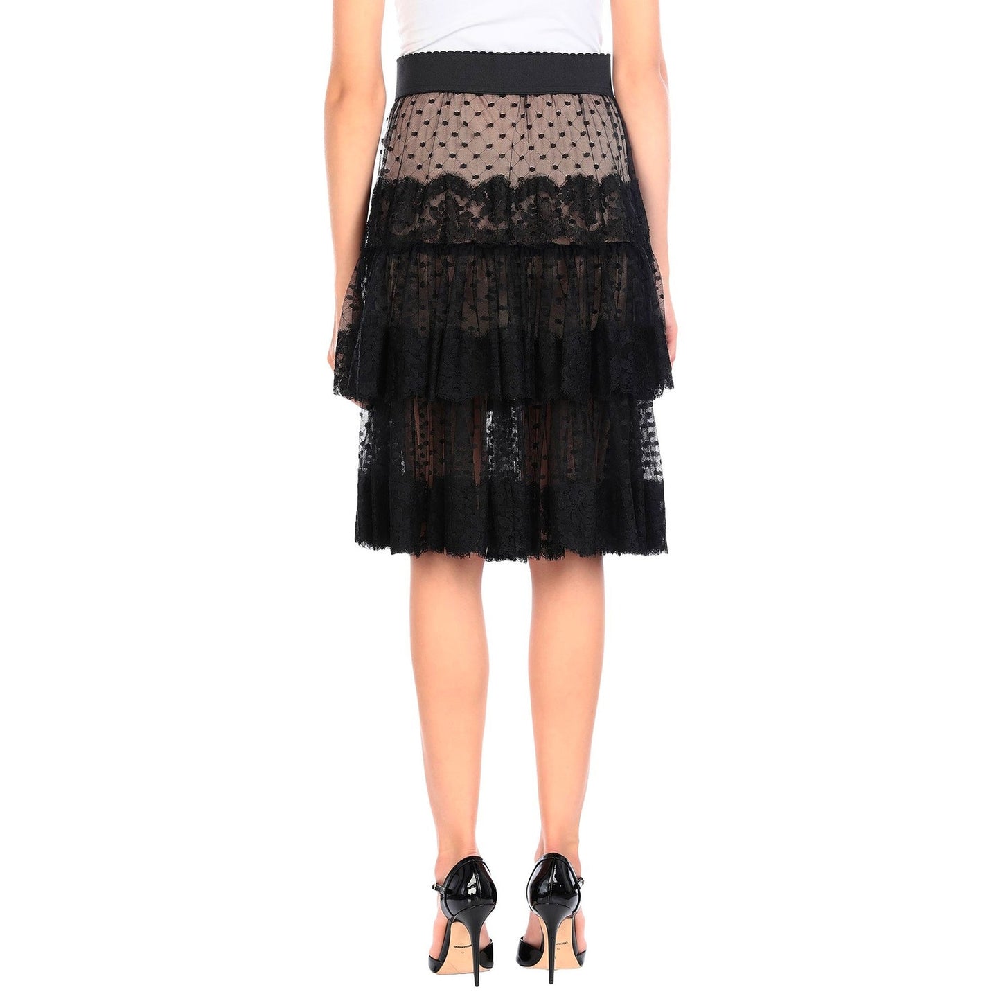 NWT Dolce & Gabbana Black Lace-trimmed Tiered Tulle Midi Skirt  IT 40 US S