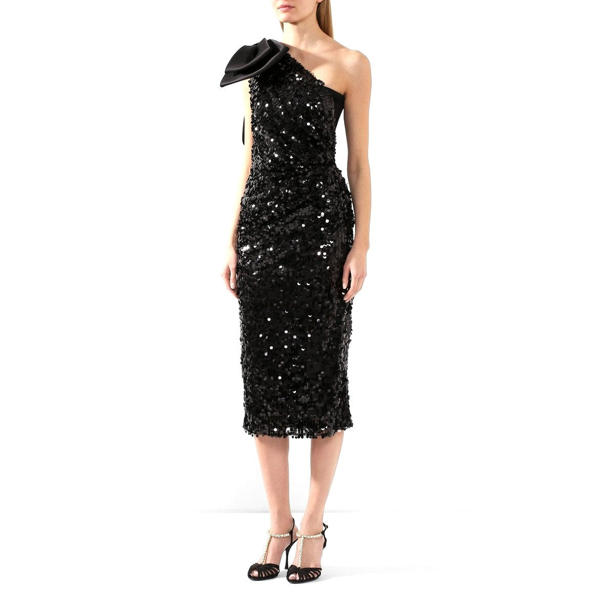 NWT Dolce & Gabbana Black Sequin One Shoulder Midi Cocktail Dress 42 M