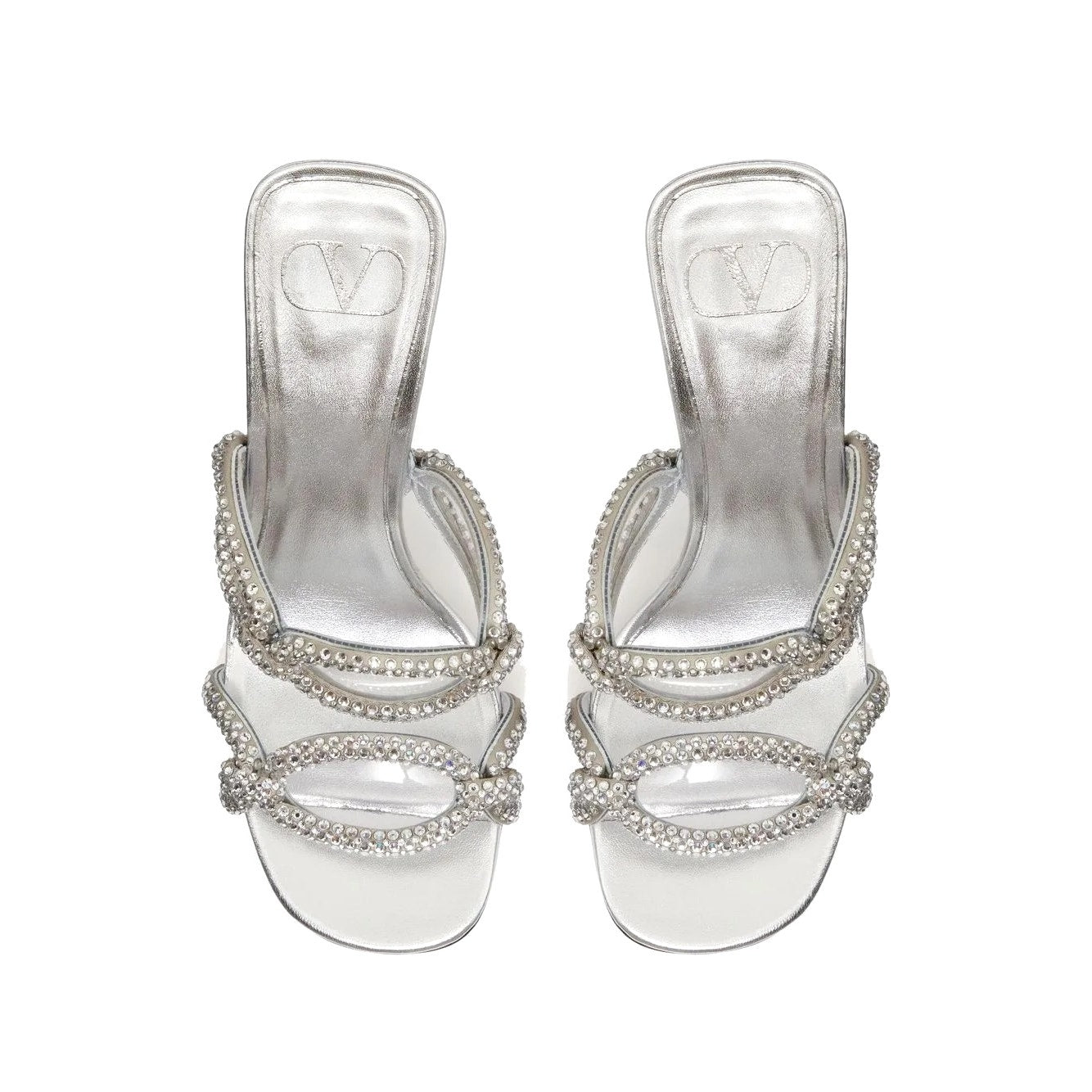 Valentino Garavani Silver Chain 1967 Crystal Slip On Heeled Slide Sandal