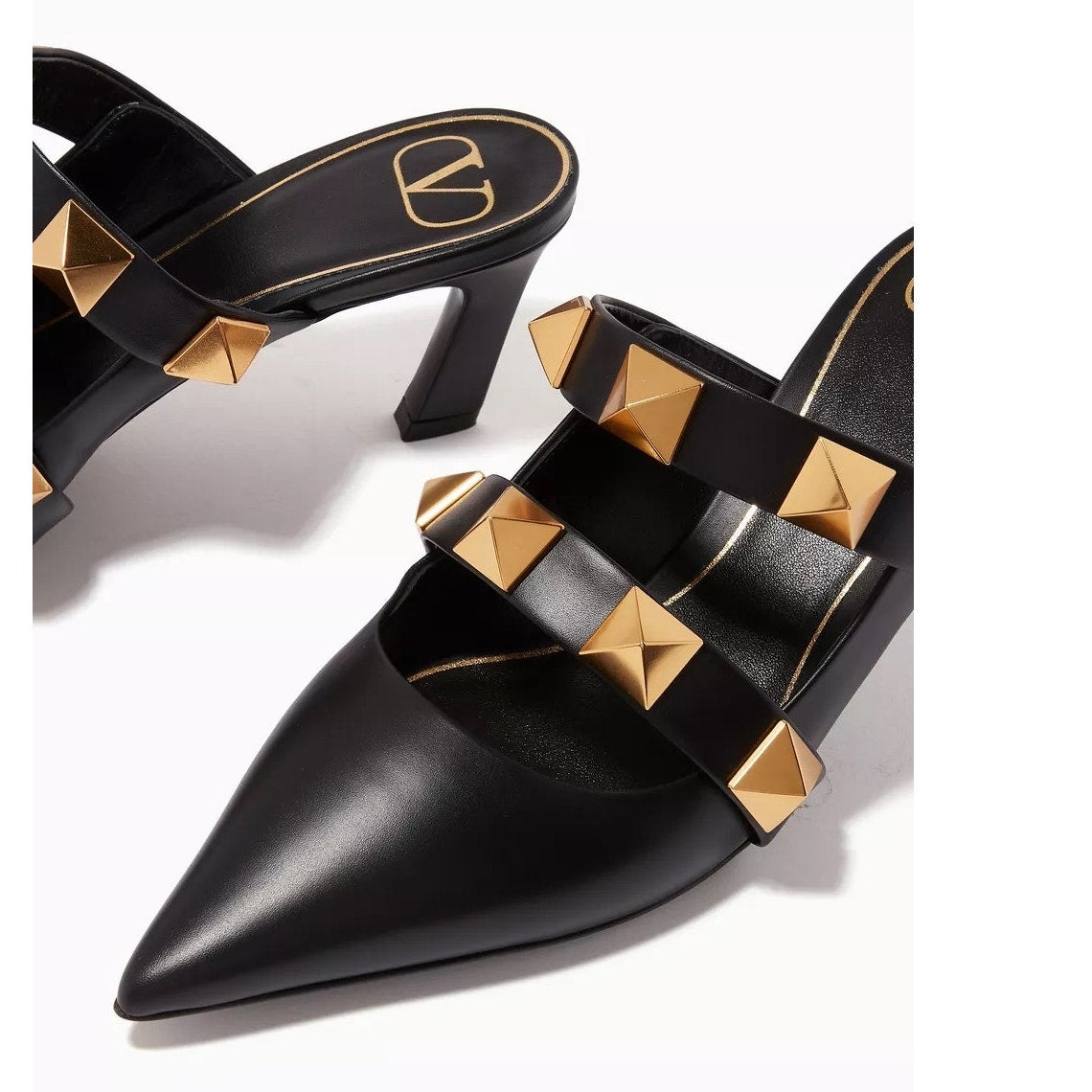 Valentino Garavani Black Roman Stud Leather Mules Gold