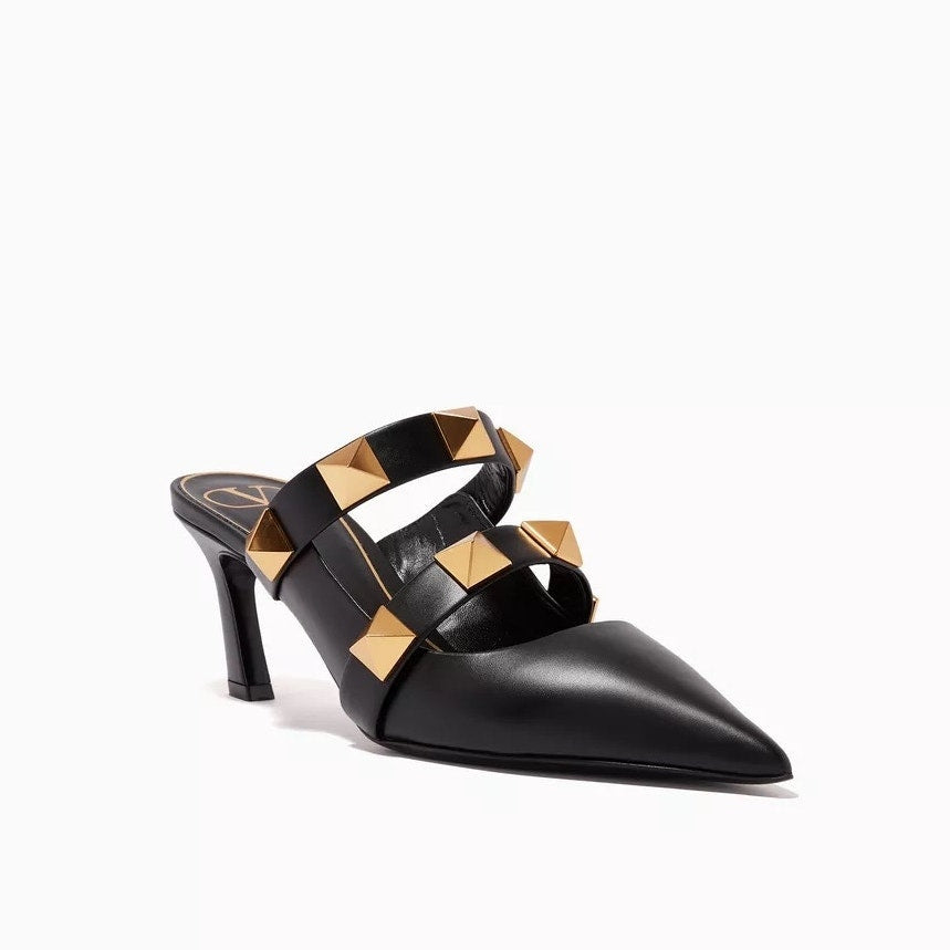 Valentino Garavani Black Roman Stud Leather Mules Gold