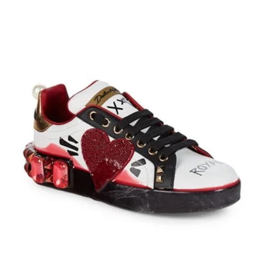Dolce & Gabbana Portofino Calfskin Heart Rhinestone Sneakers White Red