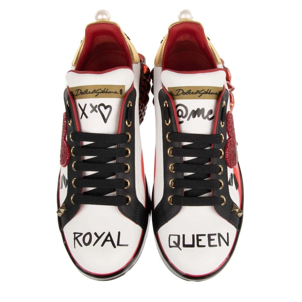 Dolce & Gabbana Portofino Calfskin Heart Rhinestone Sneakers White Red