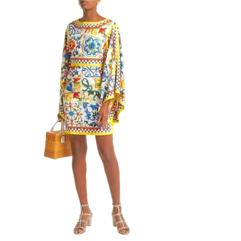 NWT Dolce & Gabbana White Yellow Majolica print Silk Charmeuse Dress IT 40 S