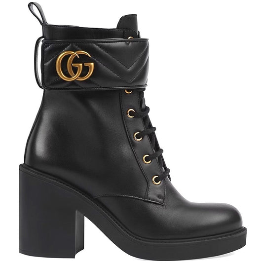 Gucci Double G Marmont Leather Combat Ankle Boots Lace up Black Gold