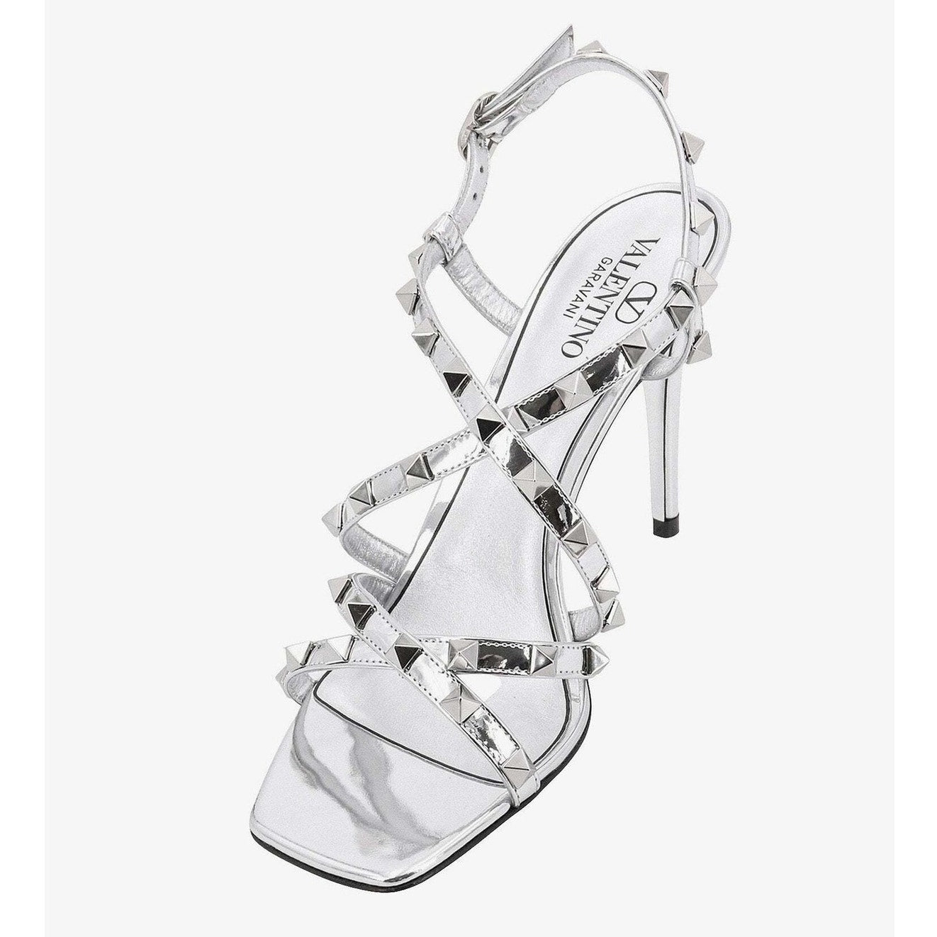 NIB Valentino Garavani Silver 100 Rockstud Mirrored Strappy Sandals 36