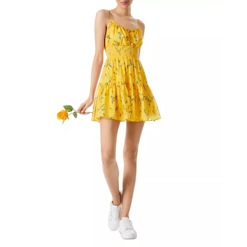 Alice + Olivia Lai Smocked Floral cotton Silk voile mini dress Yellow