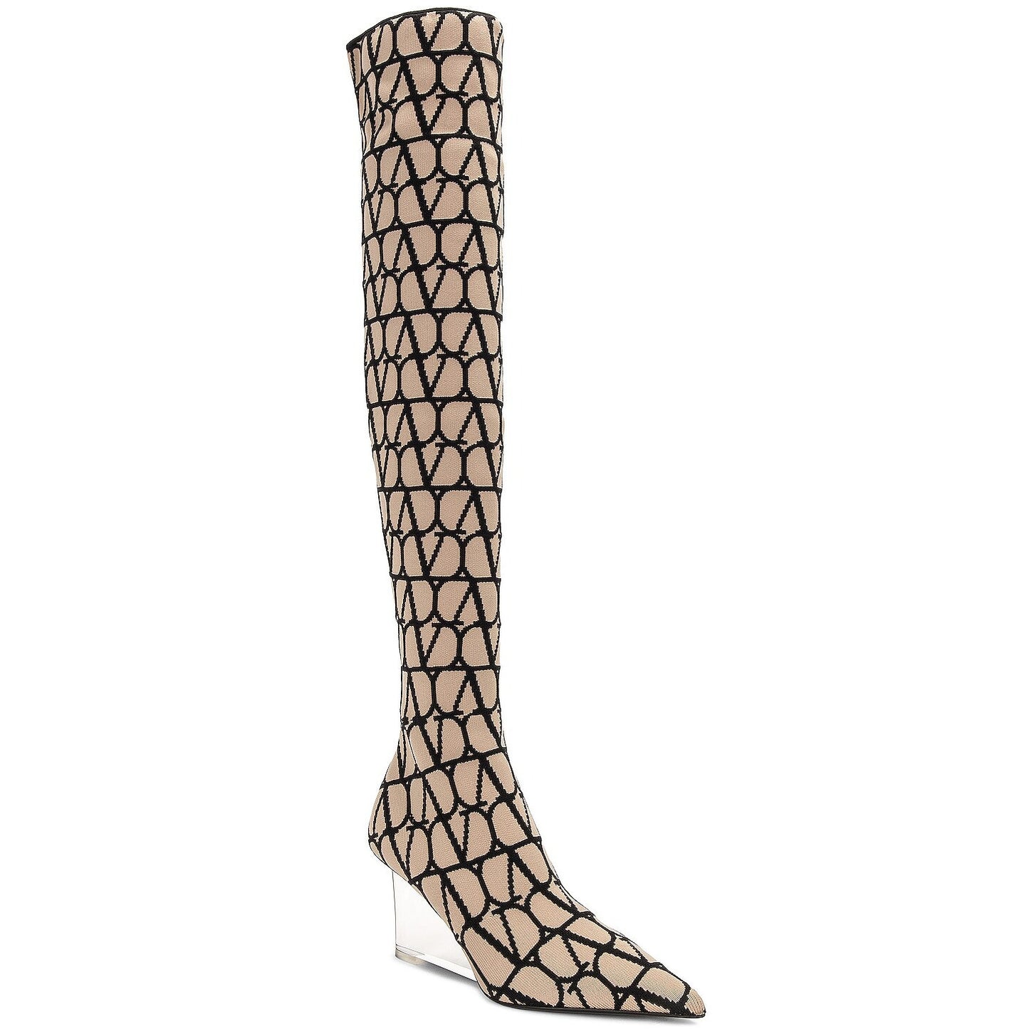 Valentino Garavani Iconographe Stretch Knit Over The Knee Boots Beige Black