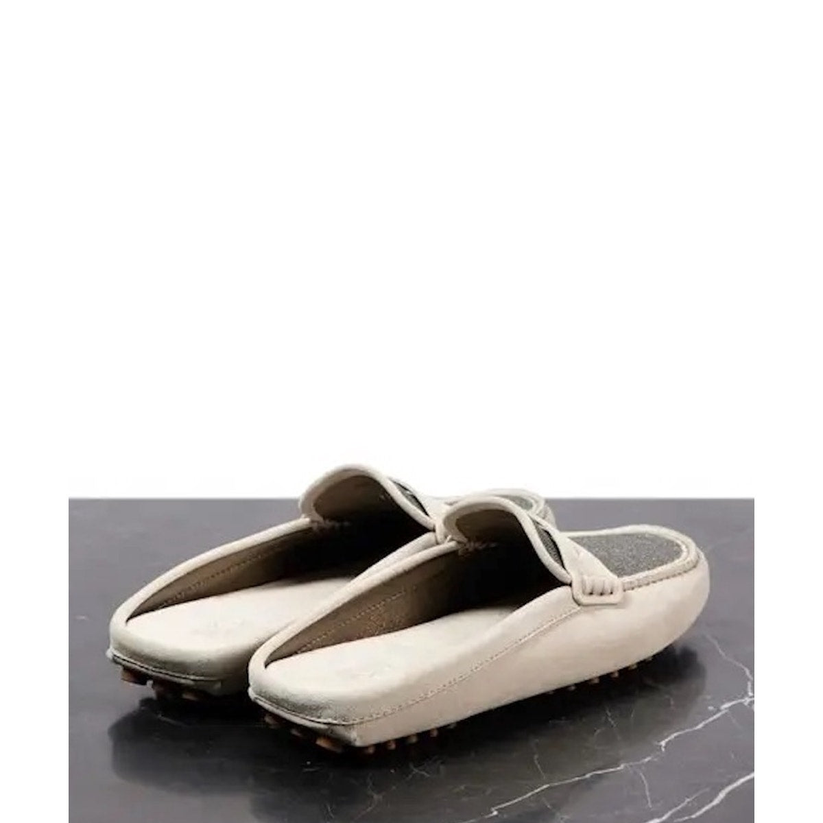Brunello Cucinelli Monili Suede Driving Mules Beige