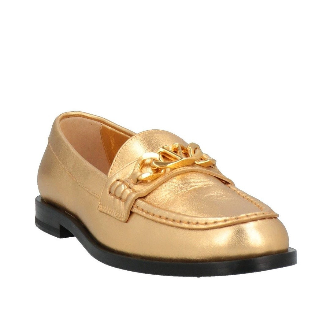 NIB Valentino Garavani  Vlogo Chain Metallic Napa Leather Loafers Gold 38.5