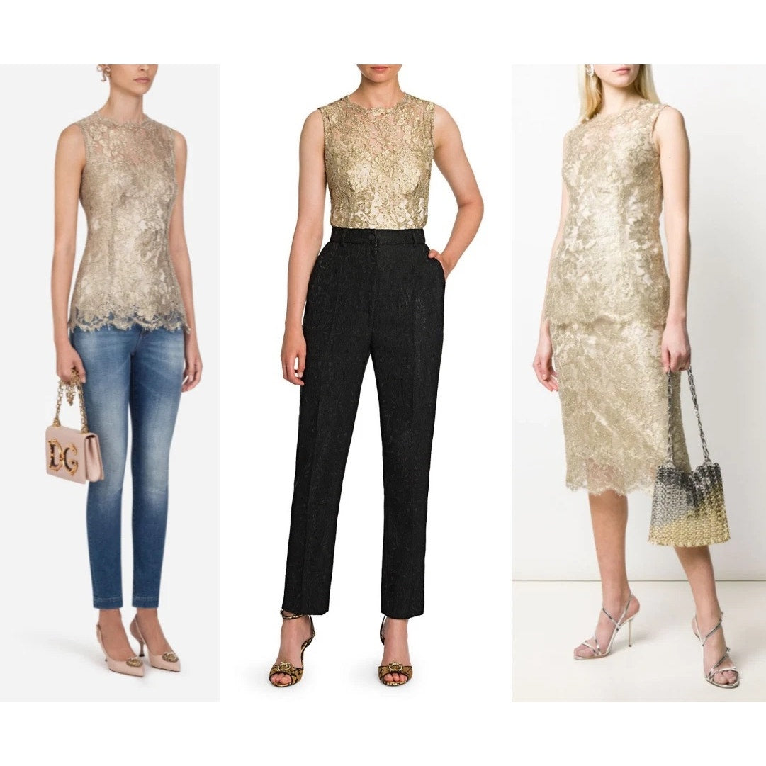 NWT Dolce & Gabbana Gold Metallic Chantilly Lace Sleeveless Tank Top Blouse IT 40 S