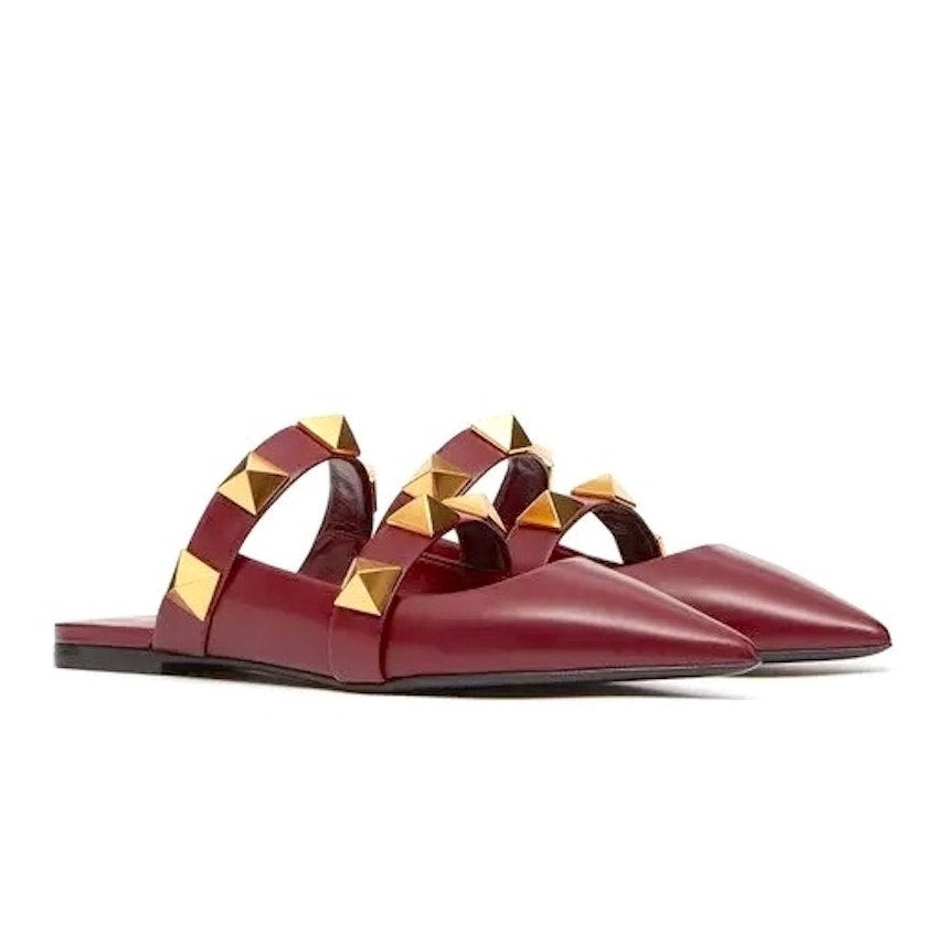 Valentino Garavani Burgundy Roman Stud Flat Leather Mules Gold 35.5
