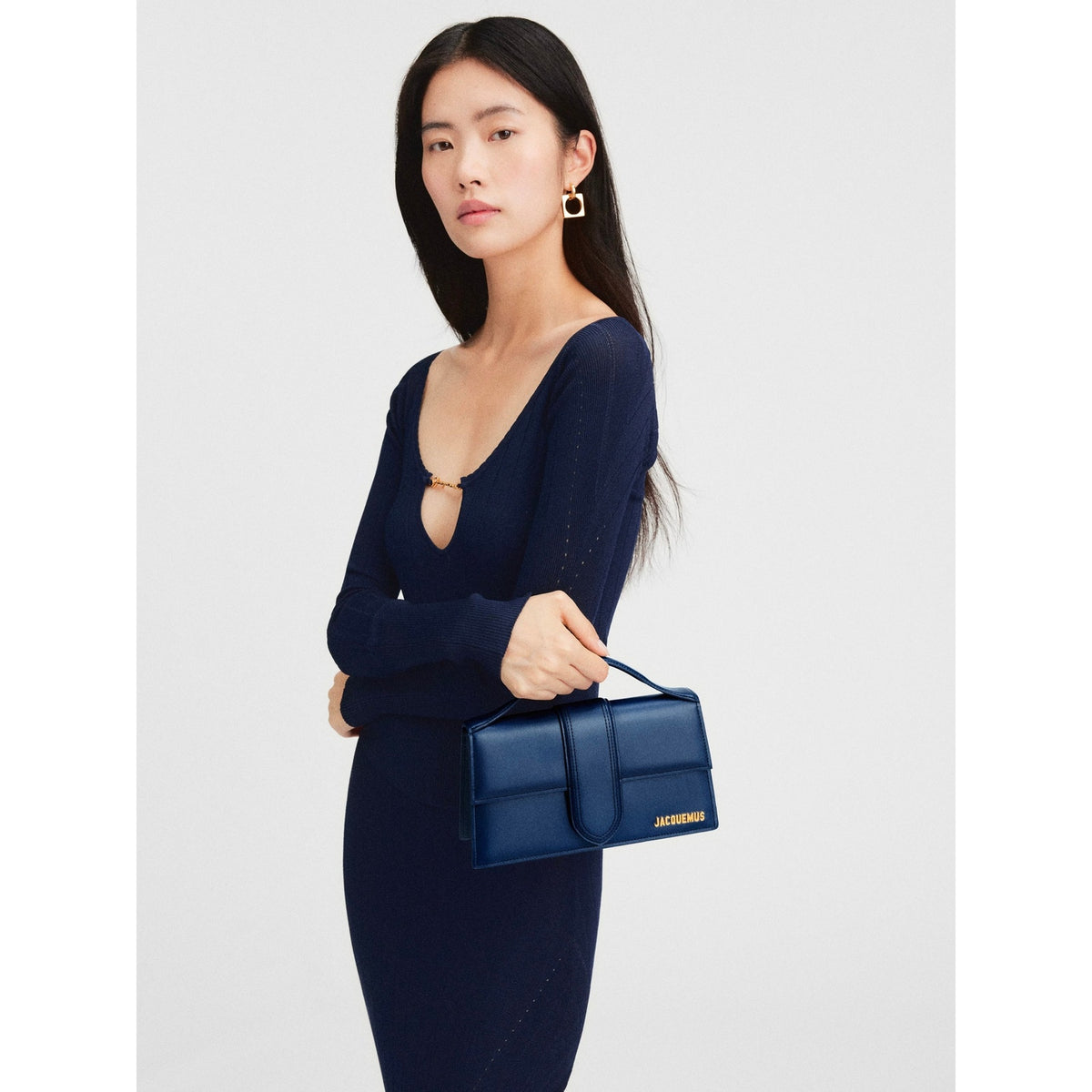 NWT Jacquemus Navy Le Grand Bambino Leather Crossbody Bag Blue Gold Logo