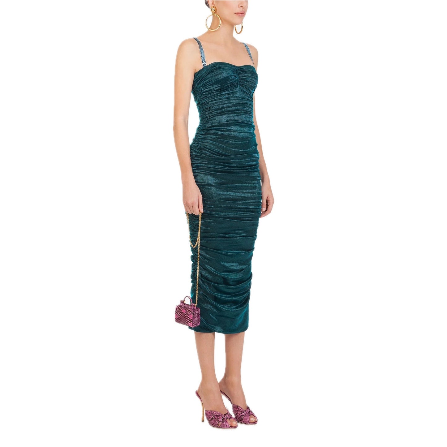 Dolce & Gabbana Green Longuette Lame Satin Ruched Bodycon Midi Dress