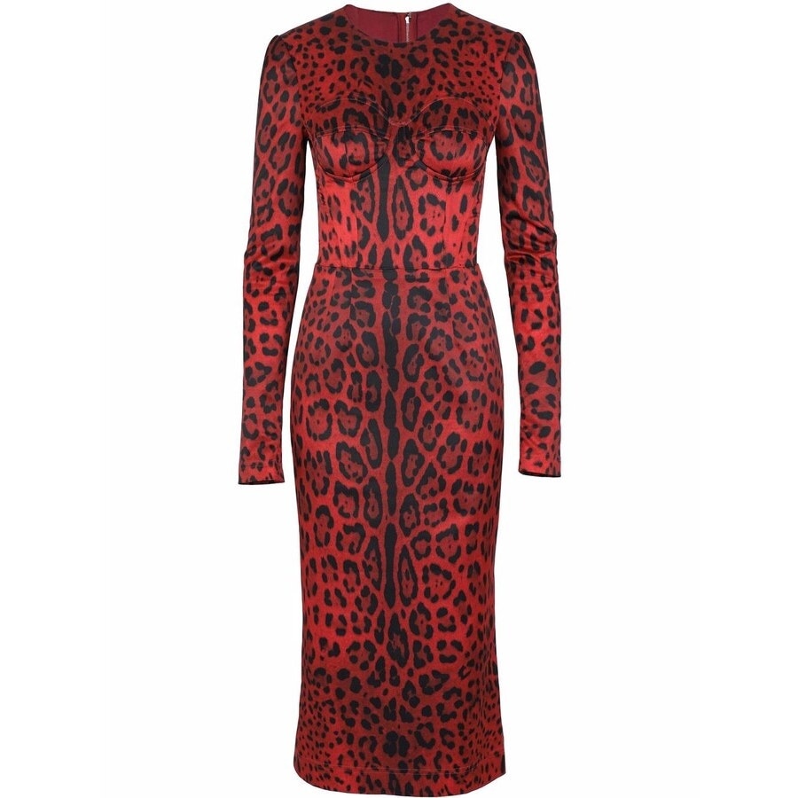 NWT Dolce & Gabbana Red Tubino bustier  Leopard-Print Satin Midi Dress 40 S