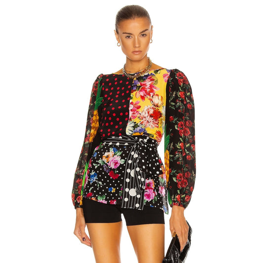 NWT DOLCE & GABBANA Printed Patchwork Blouse Belted Multicolor IT 38 XS